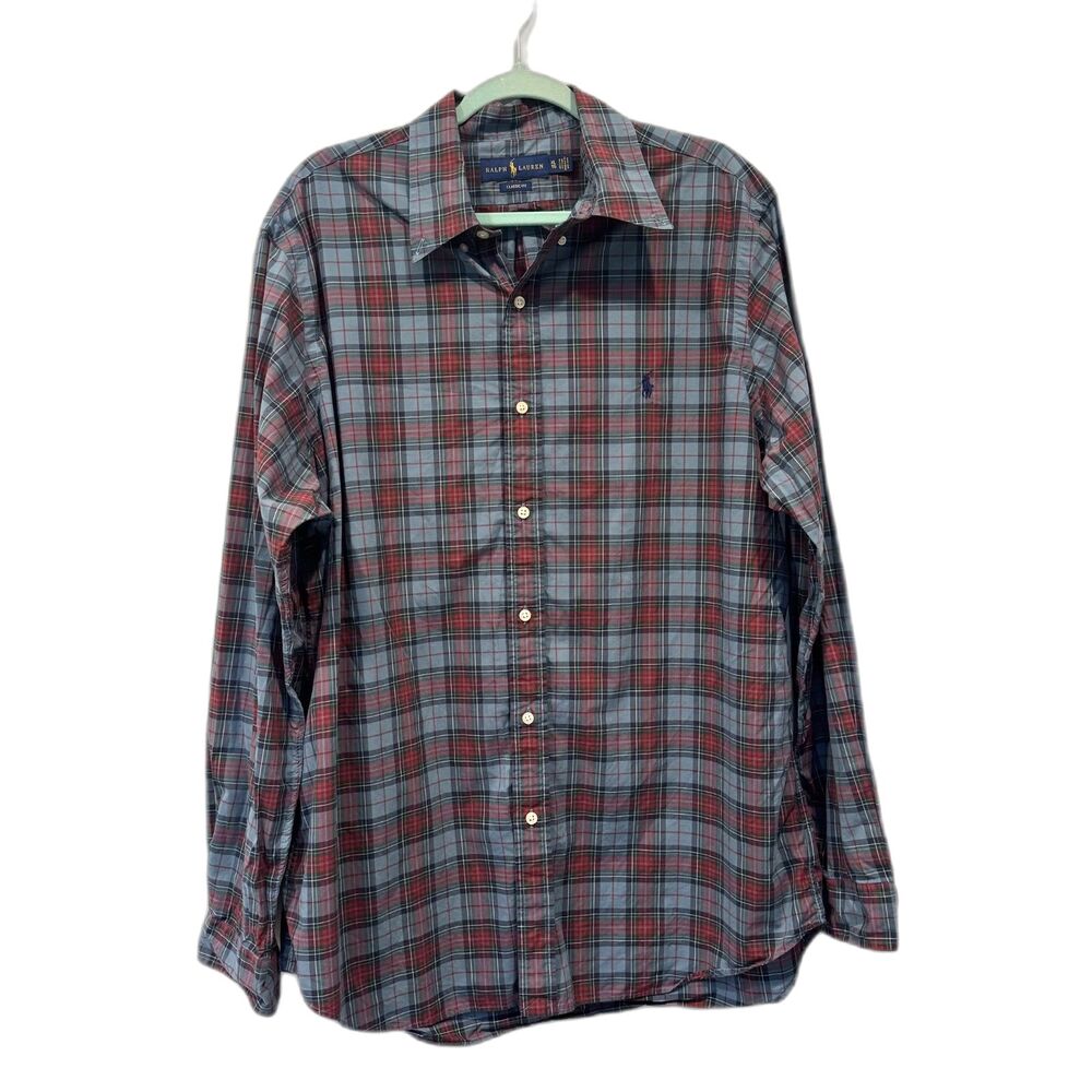 Ralph Lauren Shirt Classic Fit Plaid Cotton Button Down Red Blue Preppy Men XL